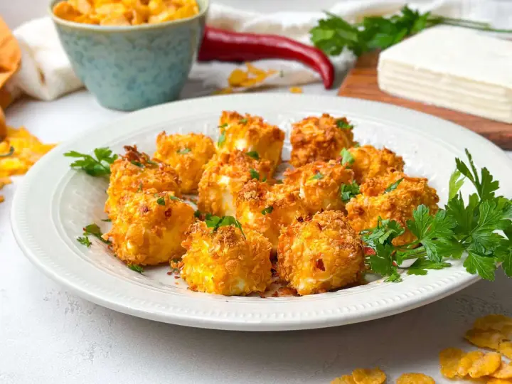 Knusprig panierte Feta-Würfel, im Airfryer zubereitet, garniert mit Petersilie. Ein köstlicher Snack!
